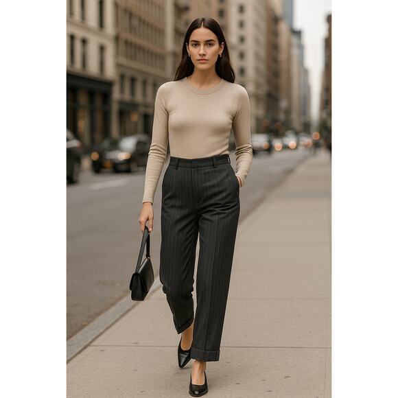 Vintage Burberry High Rise Wool Pinstripe Cuffed Trousers - Size 12 - Picture 1 of 7